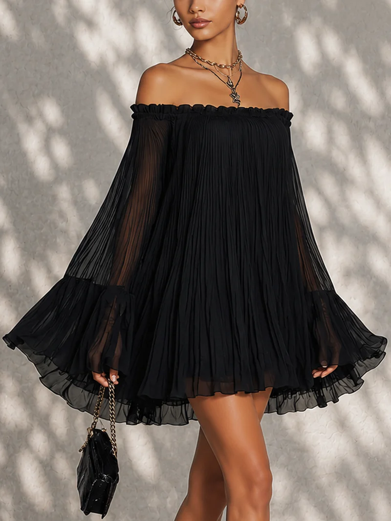 Océane | Black Mini Dress with Bell Sleeves and Ruffled Off-Shoulder