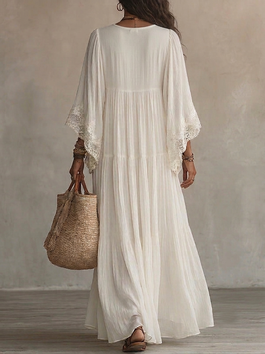 White Lace V-neck Batwing Sleeve Chiffon Maxi Dress