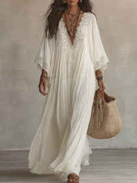 White Lace V-neck Batwing Sleeve Chiffon Maxi Dress