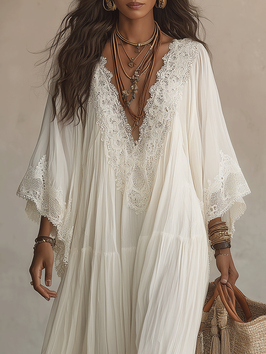 White Lace V-neck Batwing Sleeve Chiffon Maxi Dress