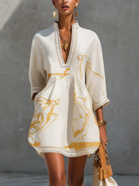 Aliénor | Ivory Mini Dress in Crocheted Lace with Golden Patterns and V-Neck