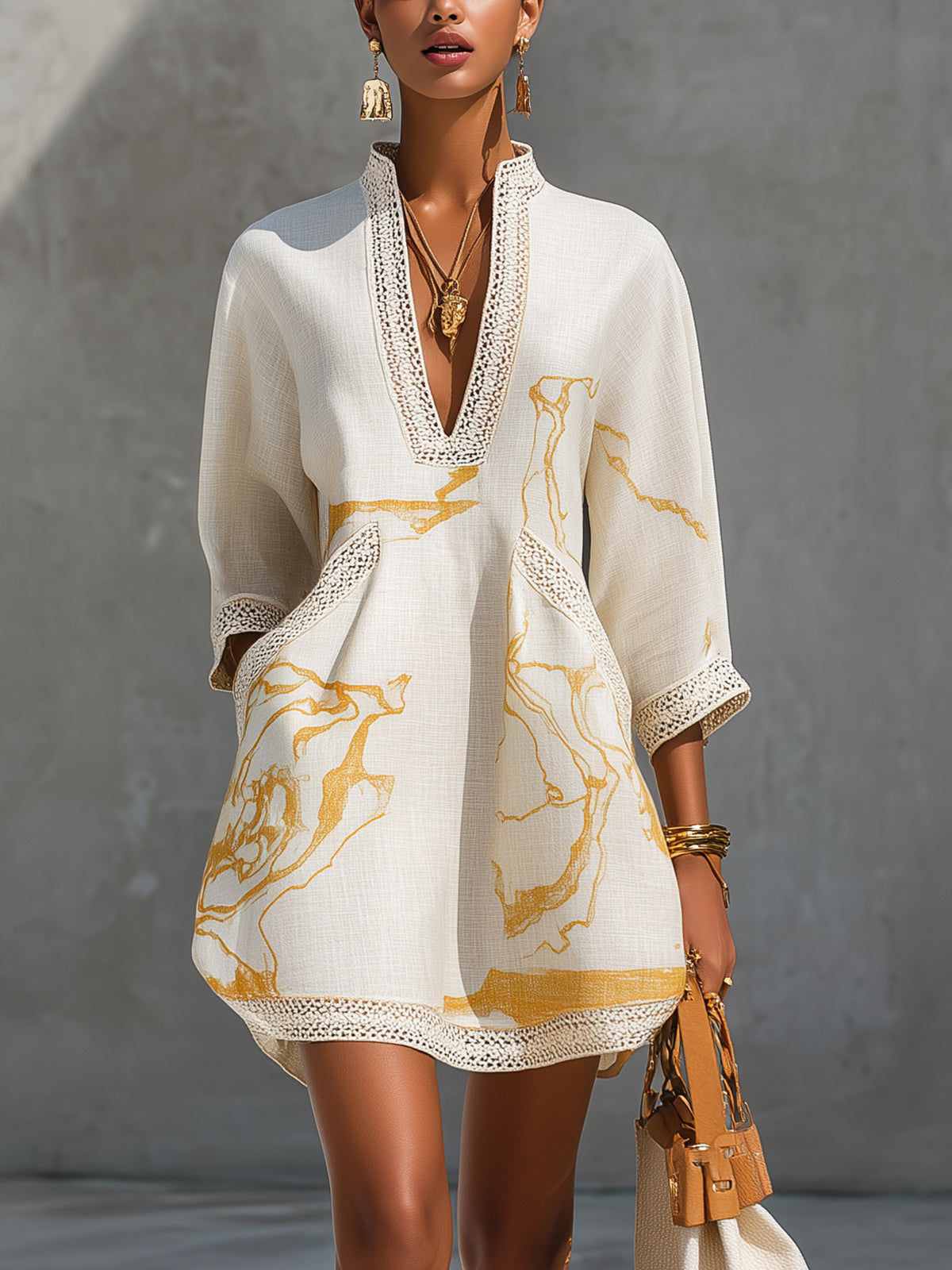 Ivory | Mini Dress in Viscose, Gold Printed Ivory