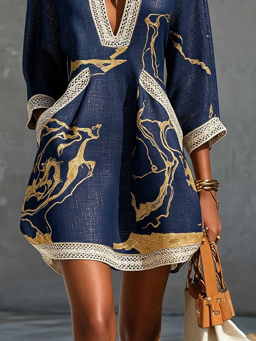 Astrée | Mini Dress with V-Neck, Navy Gold Print
