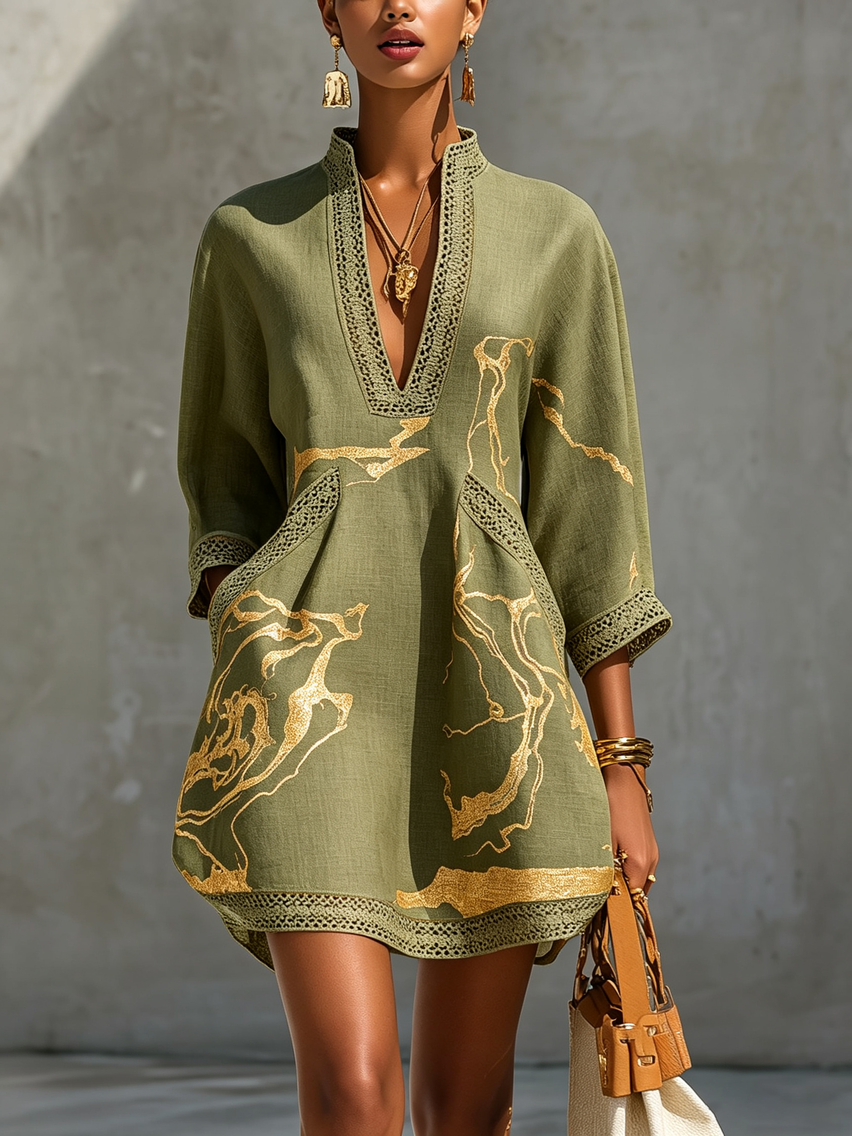 Black Gold Printed V-neck Crochet Lace Mini Dress