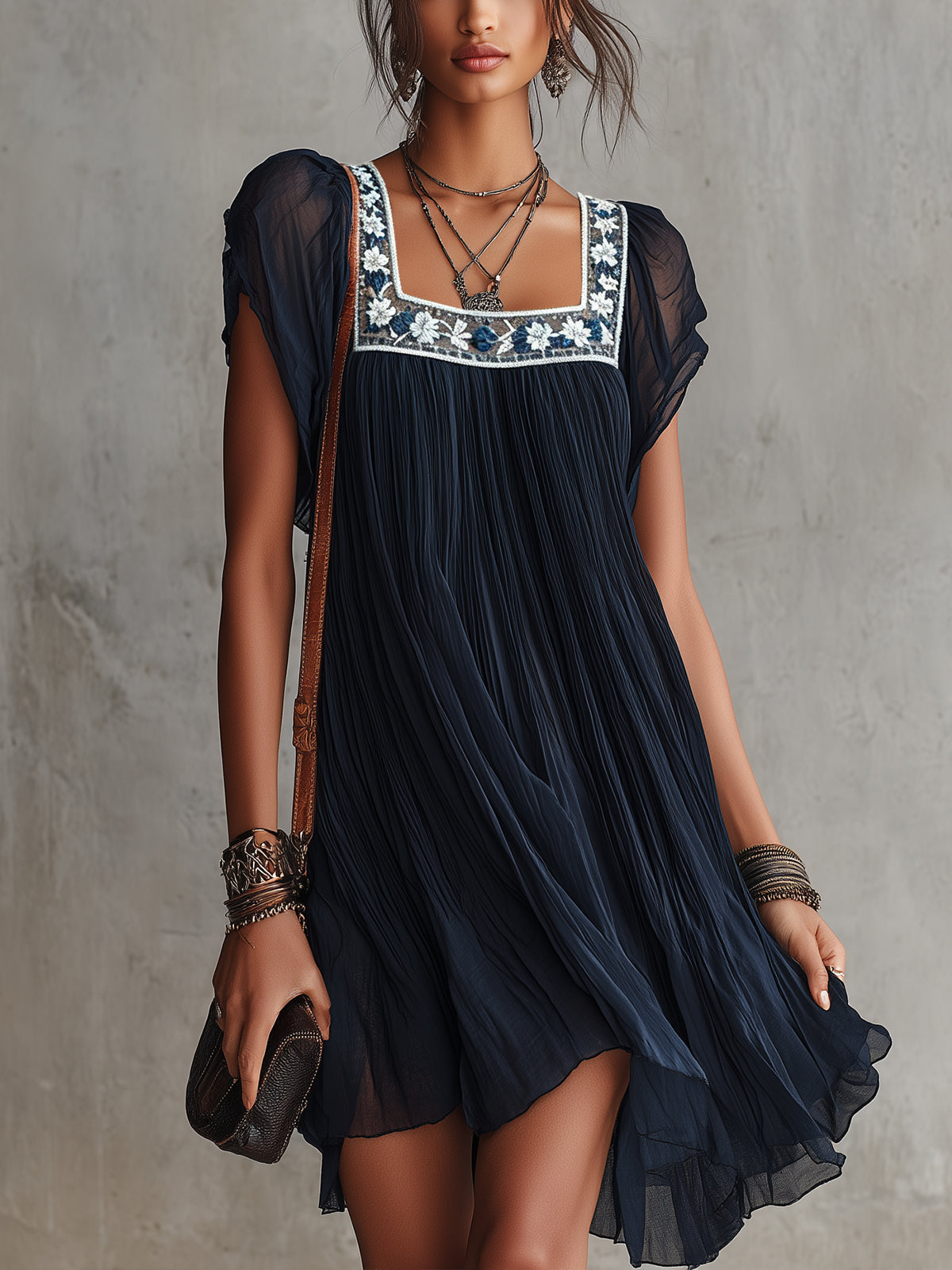 Apolline | Mini Pleated Dress in Navy Blue Embroidered Chiffon