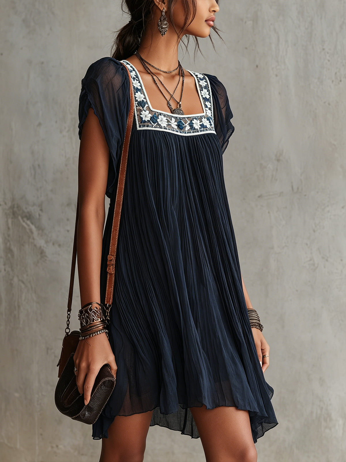 Apolline | Mini Pleated Dress in Navy Blue Embroidered Chiffon