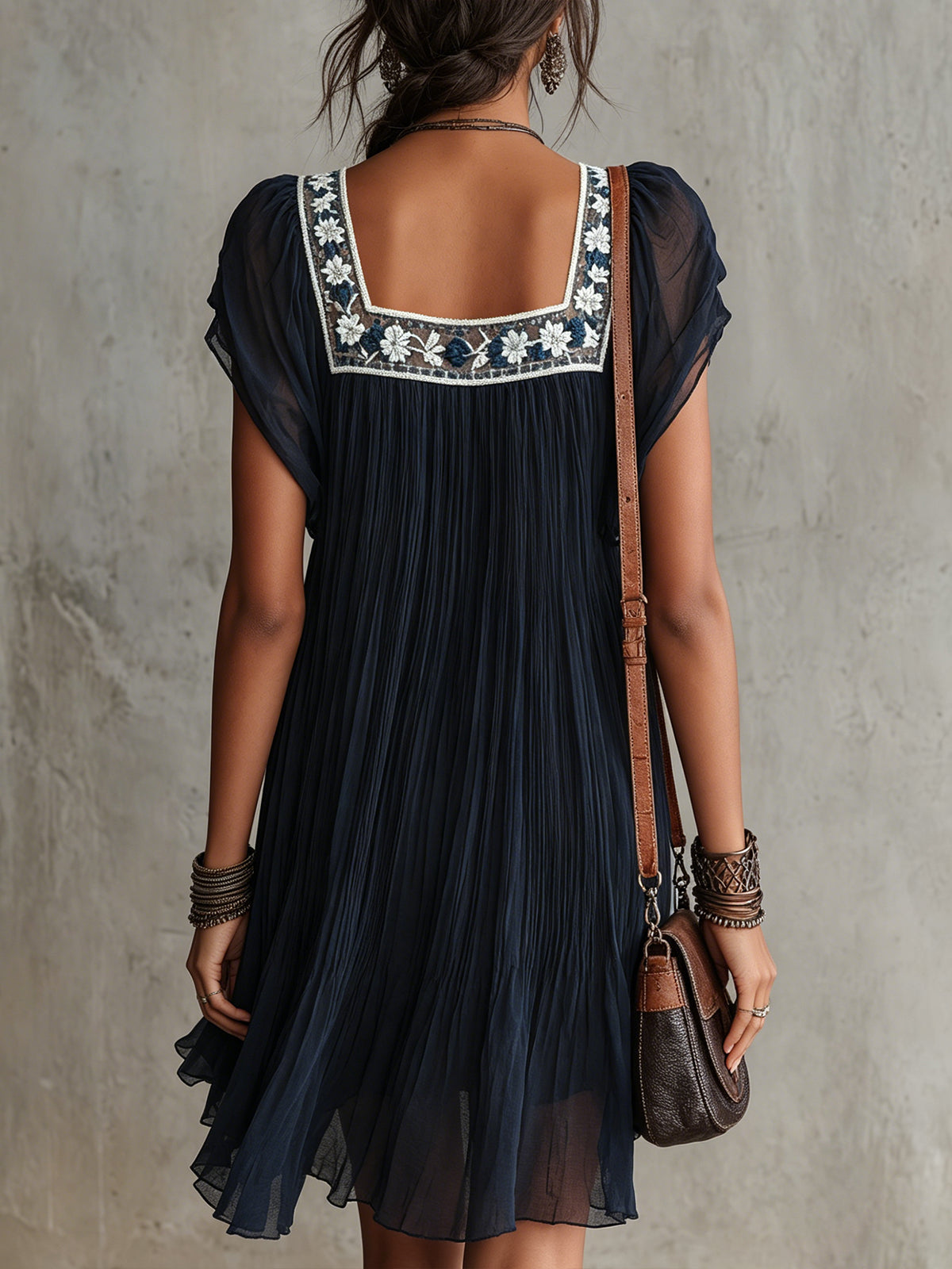 Apolline | Mini Pleated Dress in Navy Blue Embroidered Chiffon