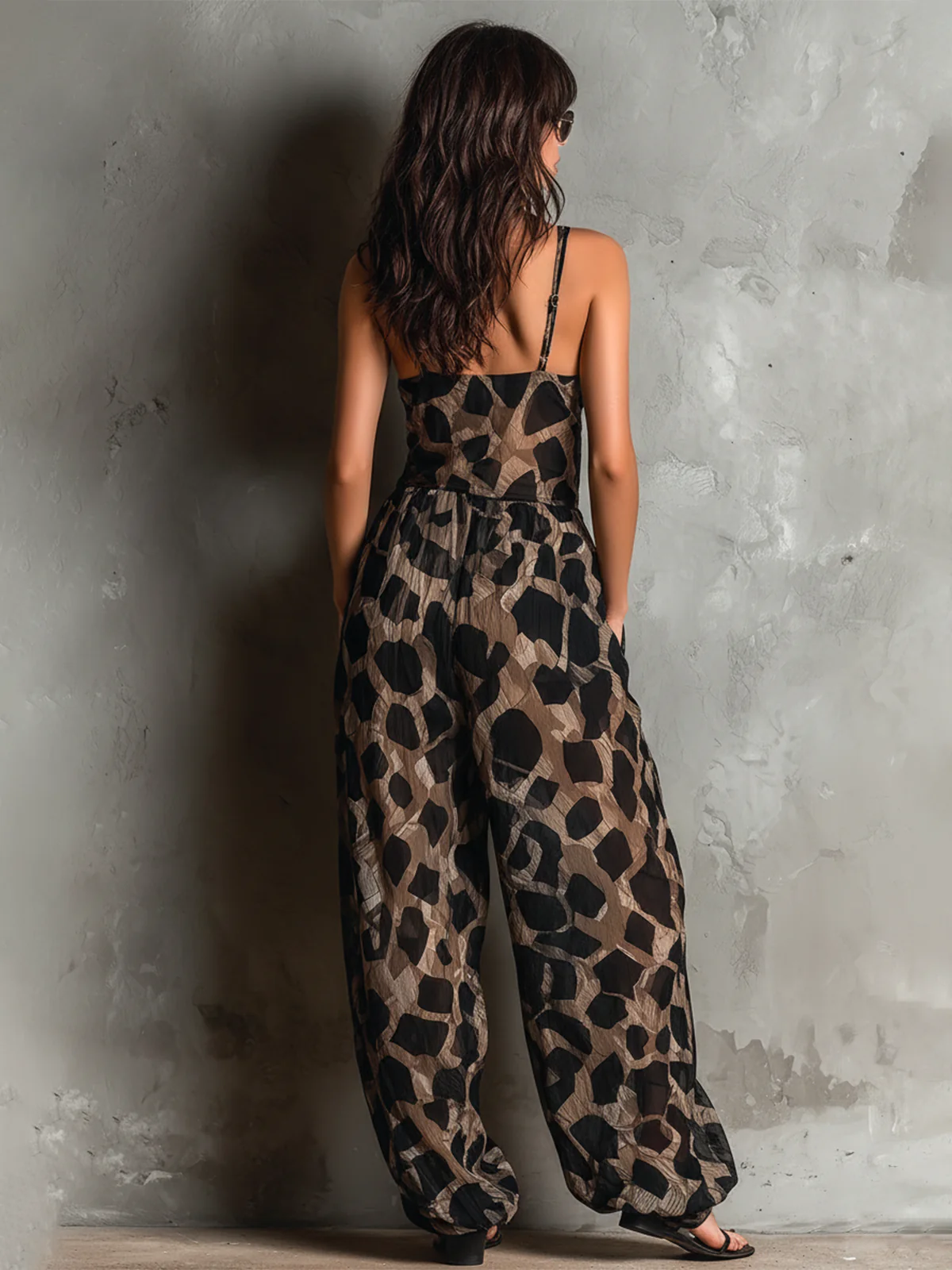 Black Animal Print Halter-neck Loose-fitting Chiffon Wide-leg Jumpsuit