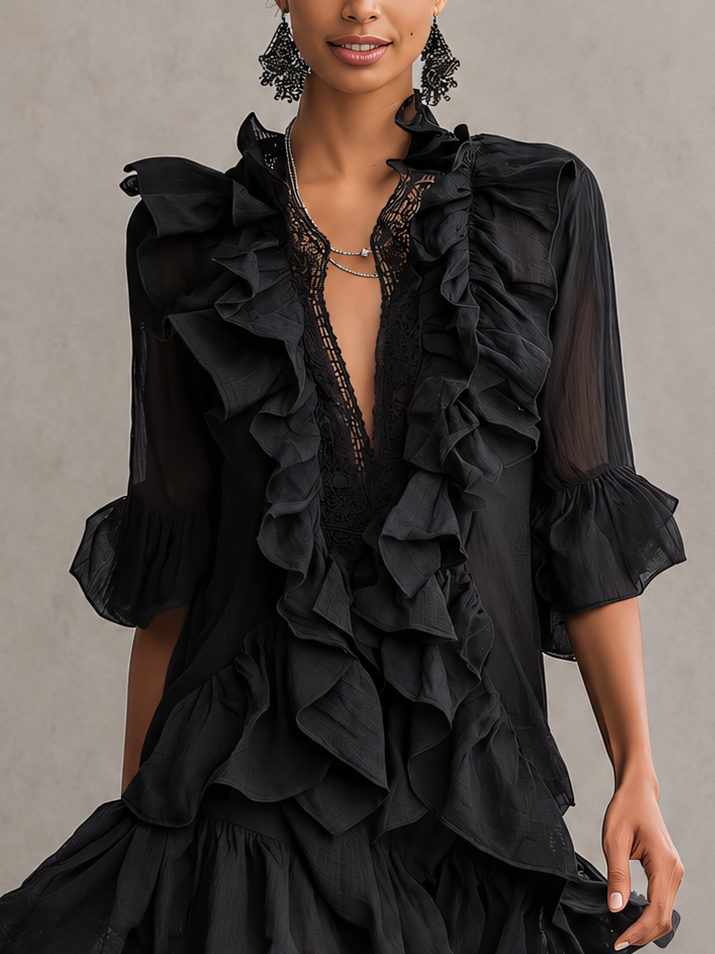 Anaïs | Black Mini Dress in Chiffon with Ruffles