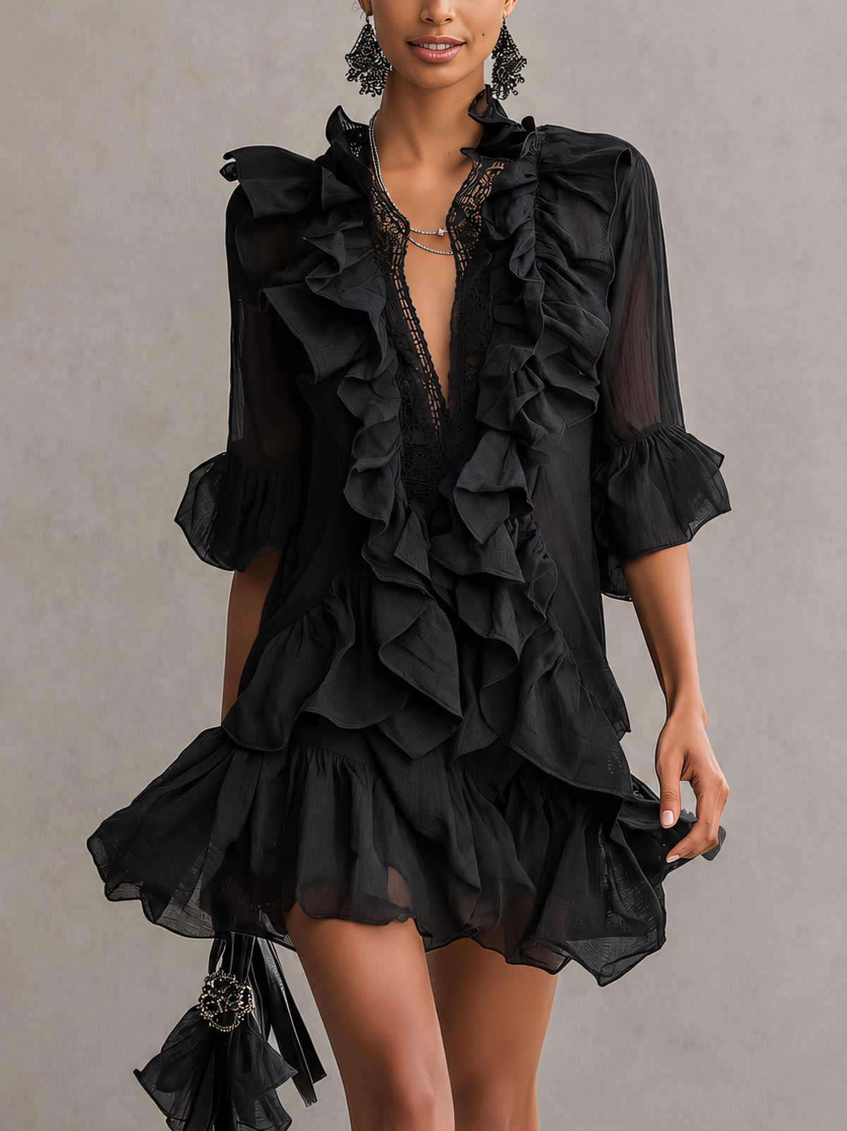 Anaïs | Black Mini Dress in Chiffon with Ruffles