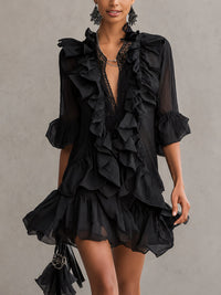 Anaïs | Black Mini Dress in Chiffon with Ruffles