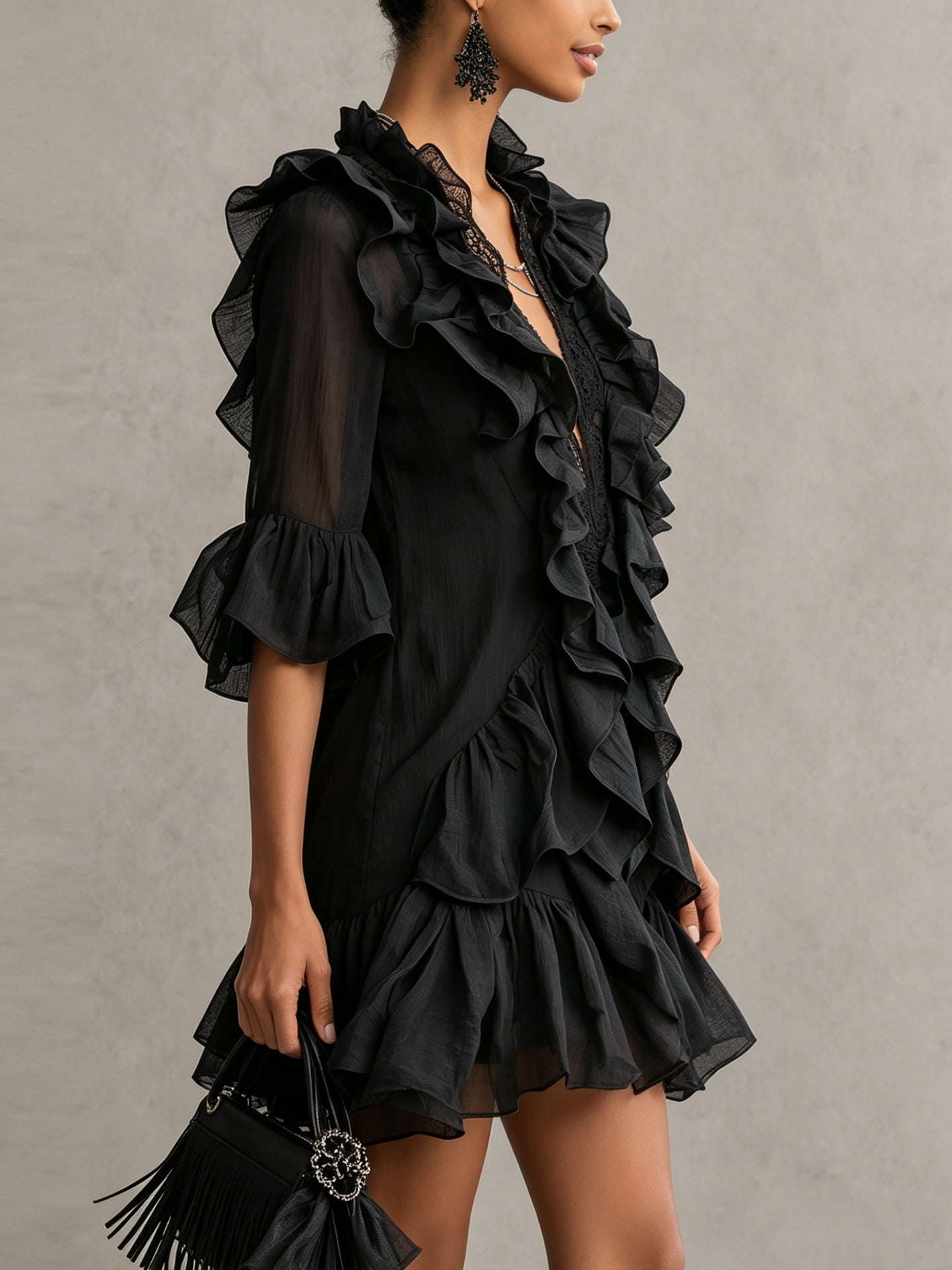 Anaïs | Black Mini Dress in Chiffon with Ruffles