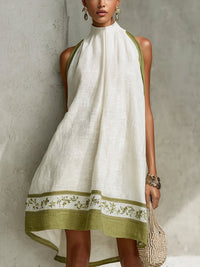 Agathe | White and Olive Green Floral Sleeveless Mini A-Line Dress