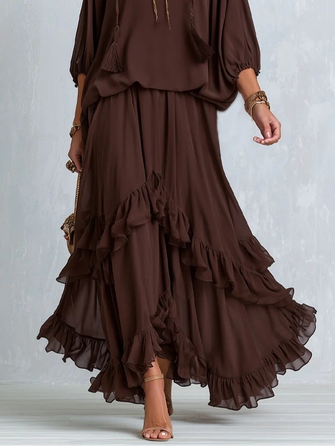 SYLVIE | Brown Tassel-Tie Ruffled Skirt Set – Wells & Rose