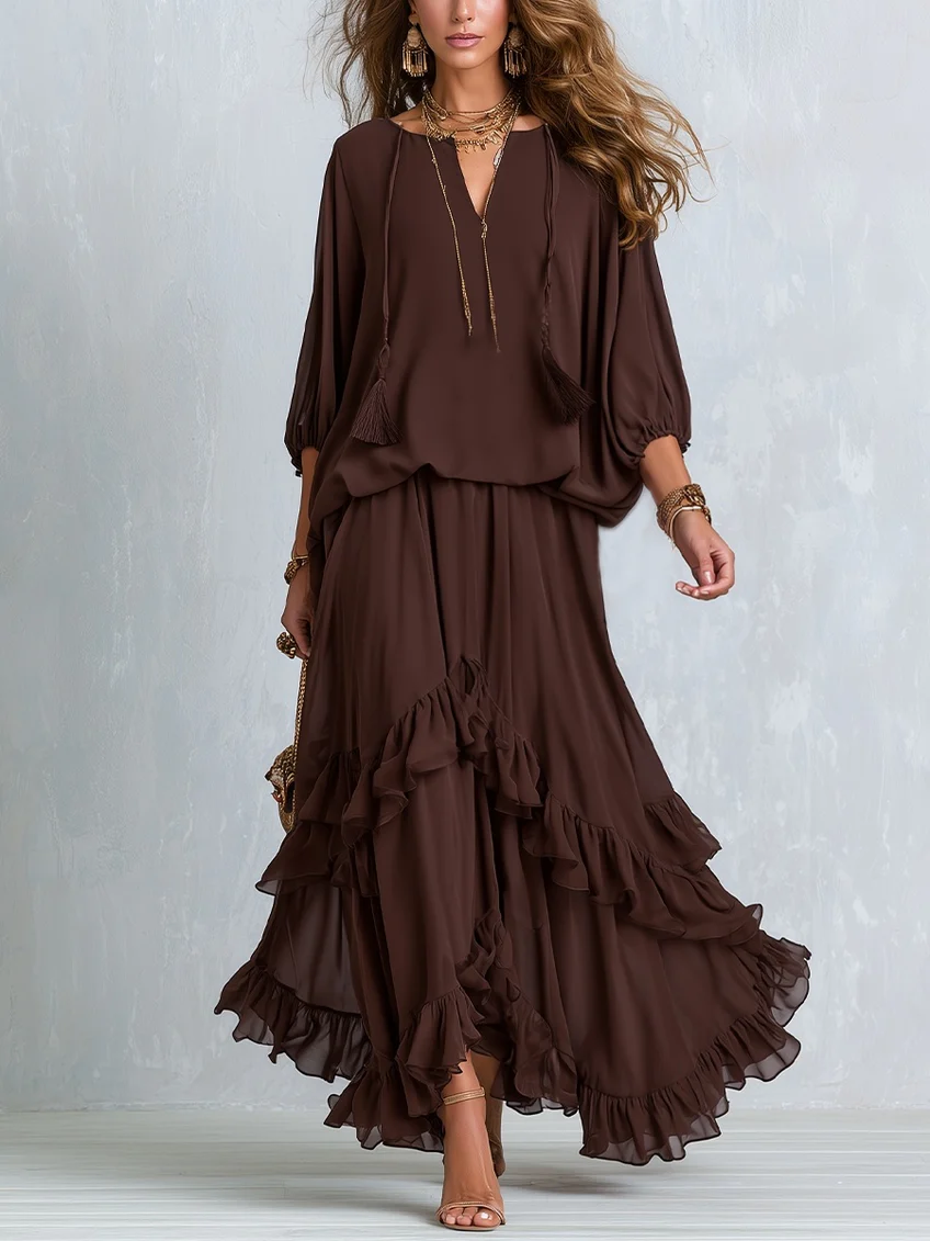 SYLVIE | Brown Tassel-Tie Ruffled Skirt Set – Wells & Rose