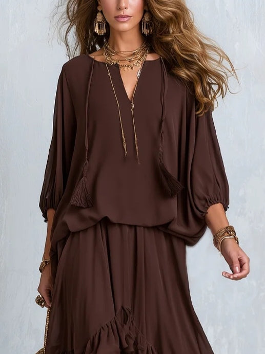 SYLVIE | Brown Tassel-Tie Ruffled Skirt Set – Wells & Rose