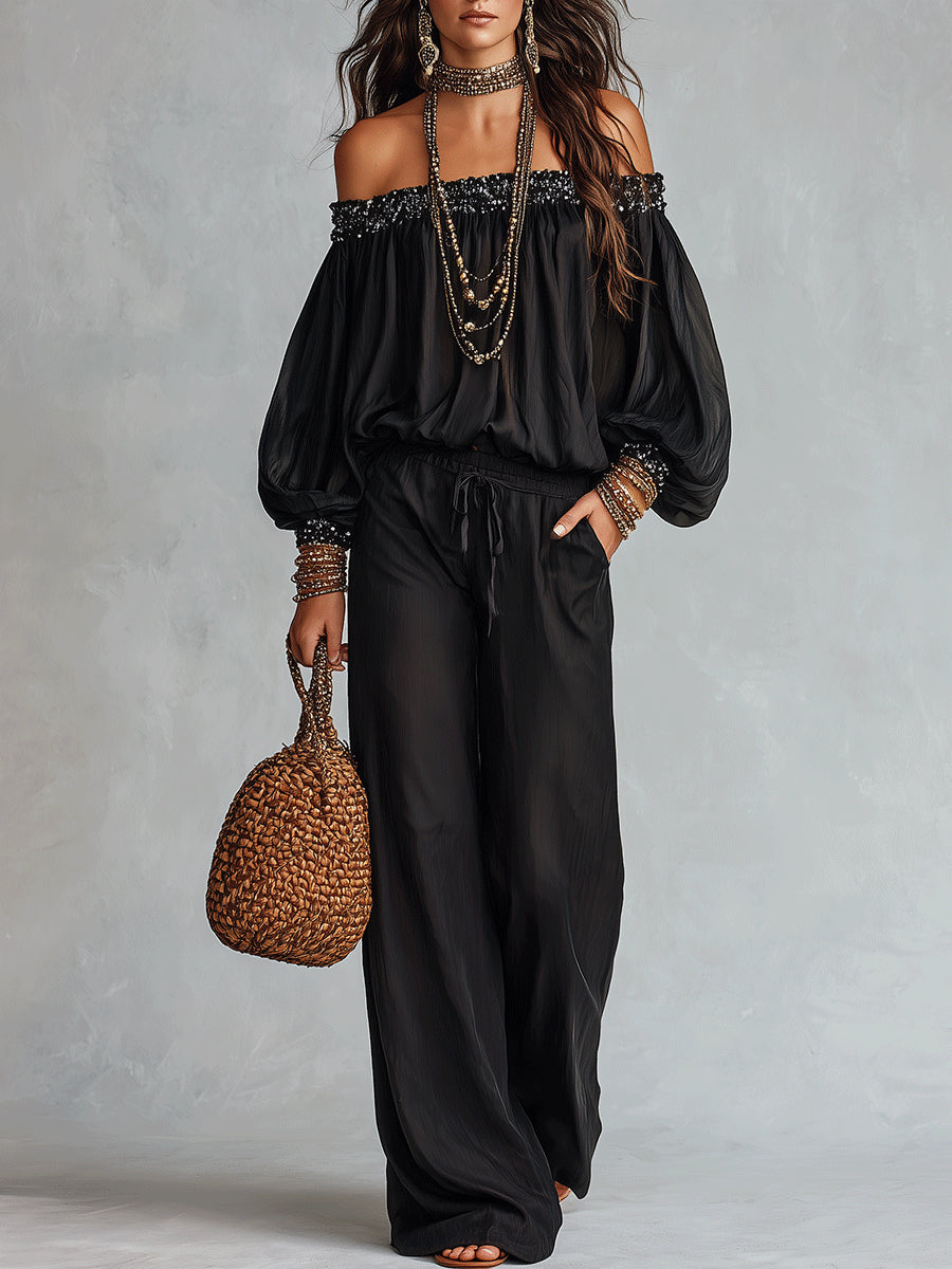 HENRIETTA | Sequin Off-Shoulder Pants Set – Wells & Rose