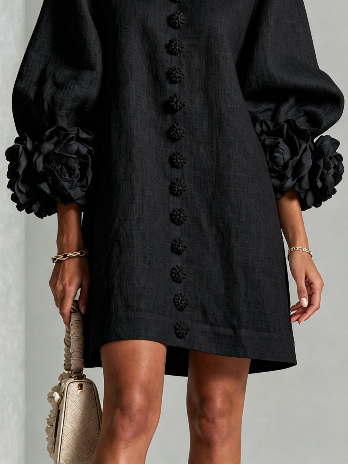 Clementine | Rosette-Cuff Button Shift Dress – Wells & Rose