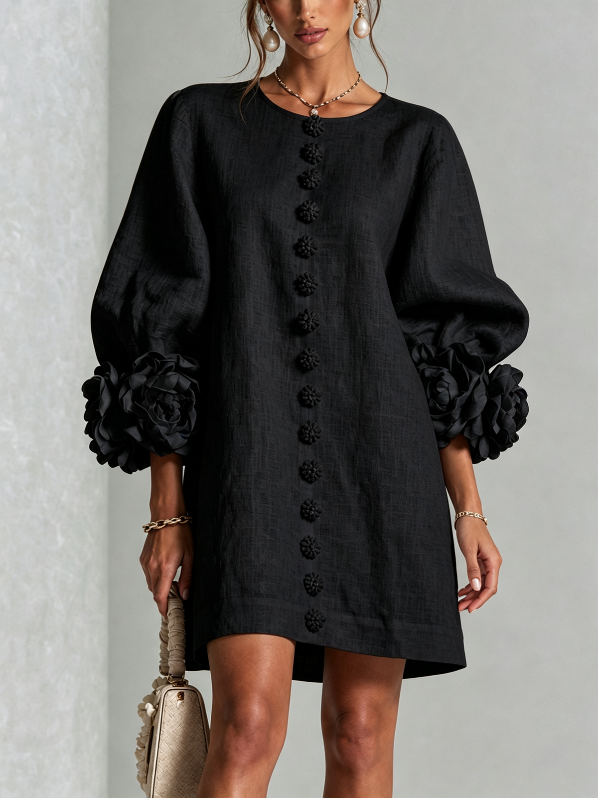 Floral Button-down Mini Dress With Striking Floral Cuffs