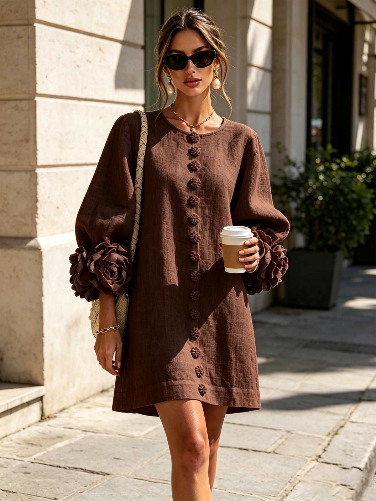 Clementine | Rosette-Cuff Button Shift Dress – Wells & Rose