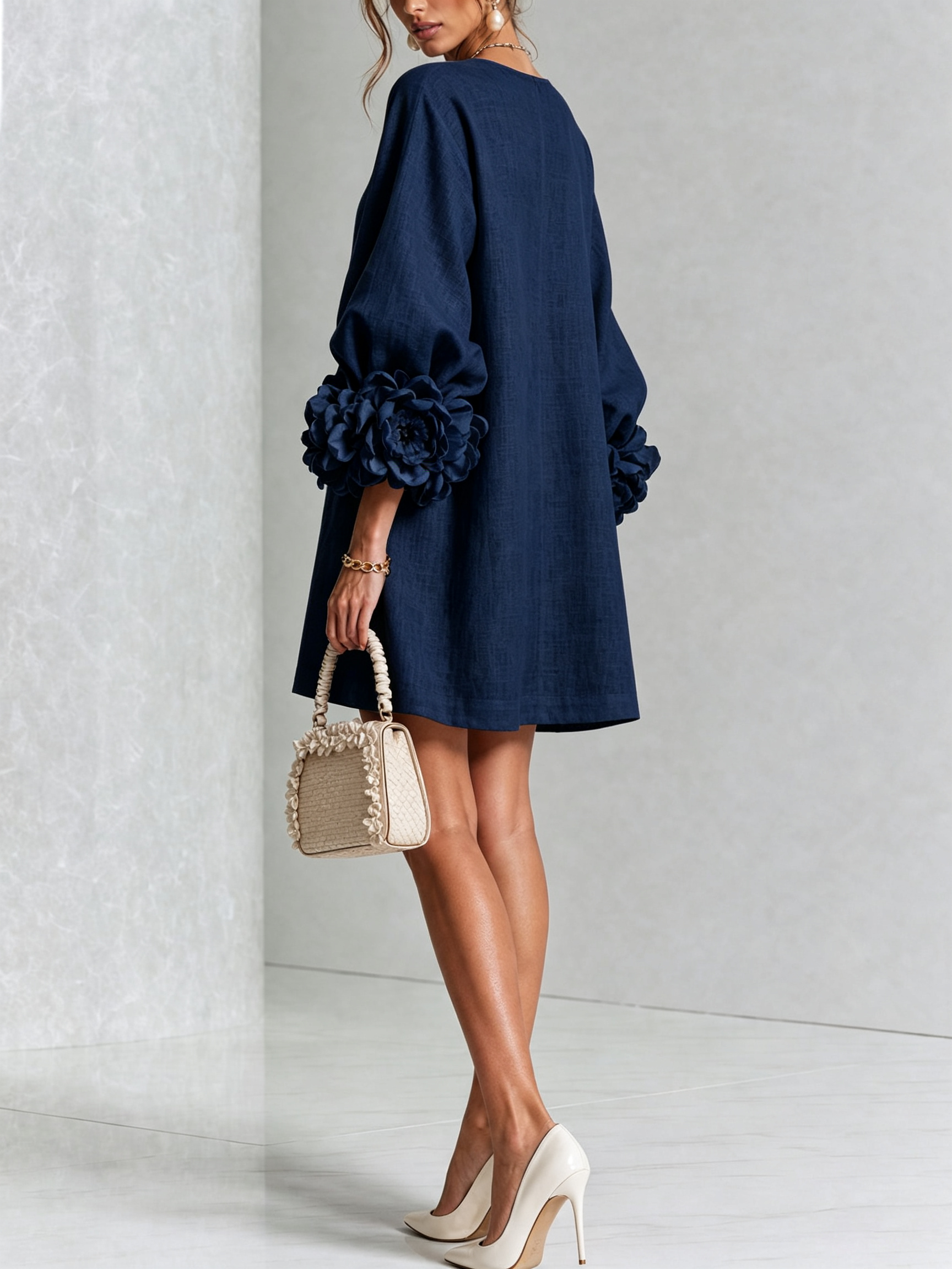 White Floral Button-down Mini Dress With Striking Floral Cuffs