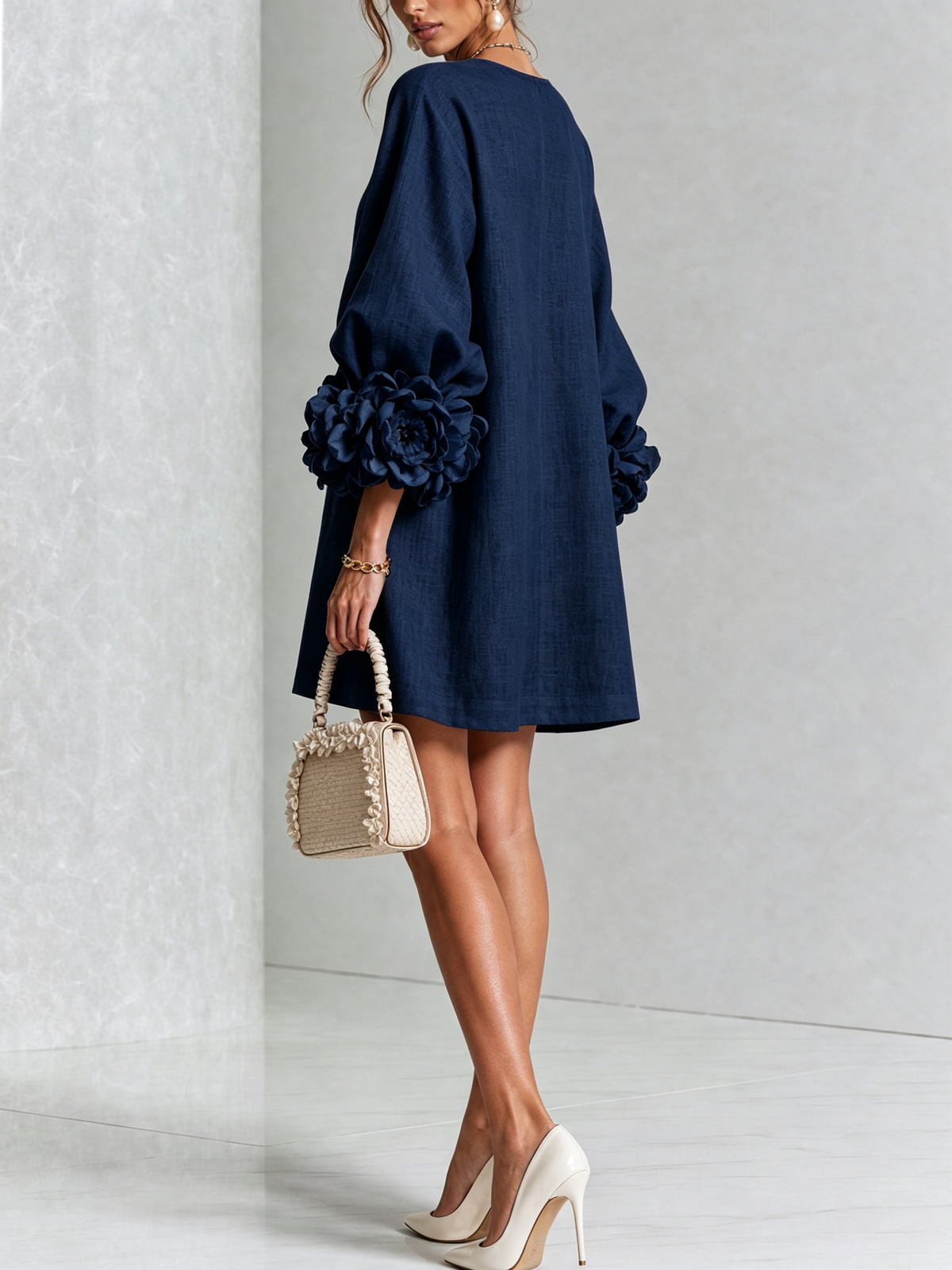 Wren | Navy Rose-Cuff Mini Dress – Wells & Rose