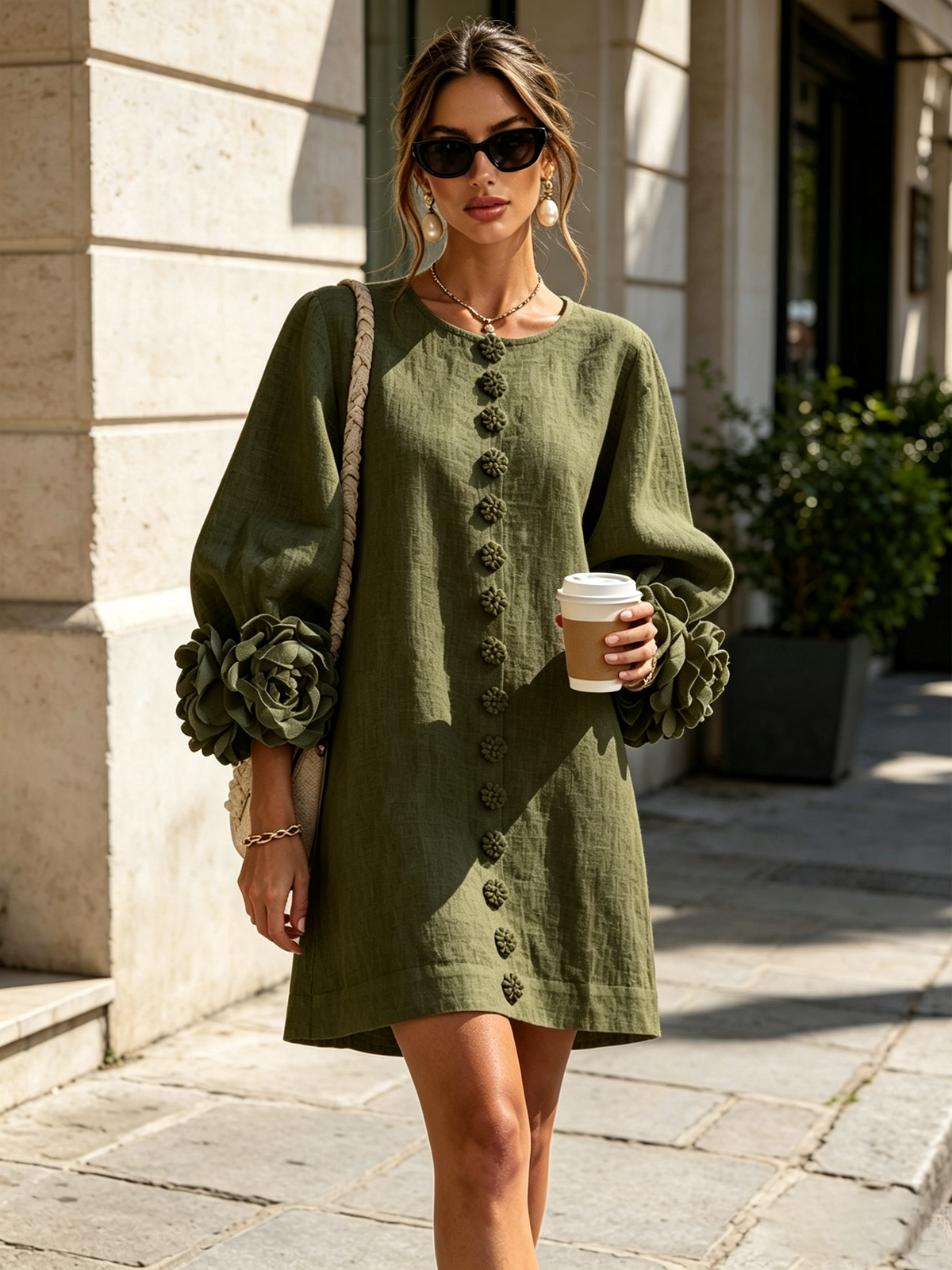 Aurora | Floral-Cuff Button Mini Dress