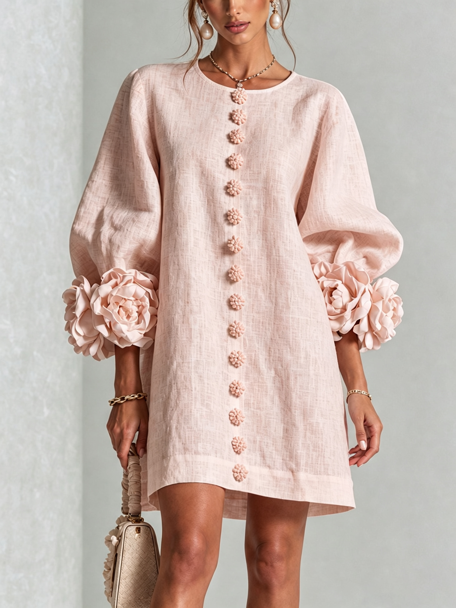White Floral Button-down Mini Dress With Striking Floral Cuffs