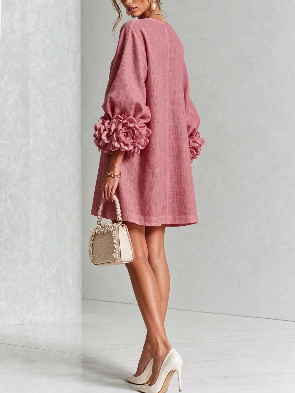 Clementine | Rosette-Cuff Button Shift Dress – Wells & Rose