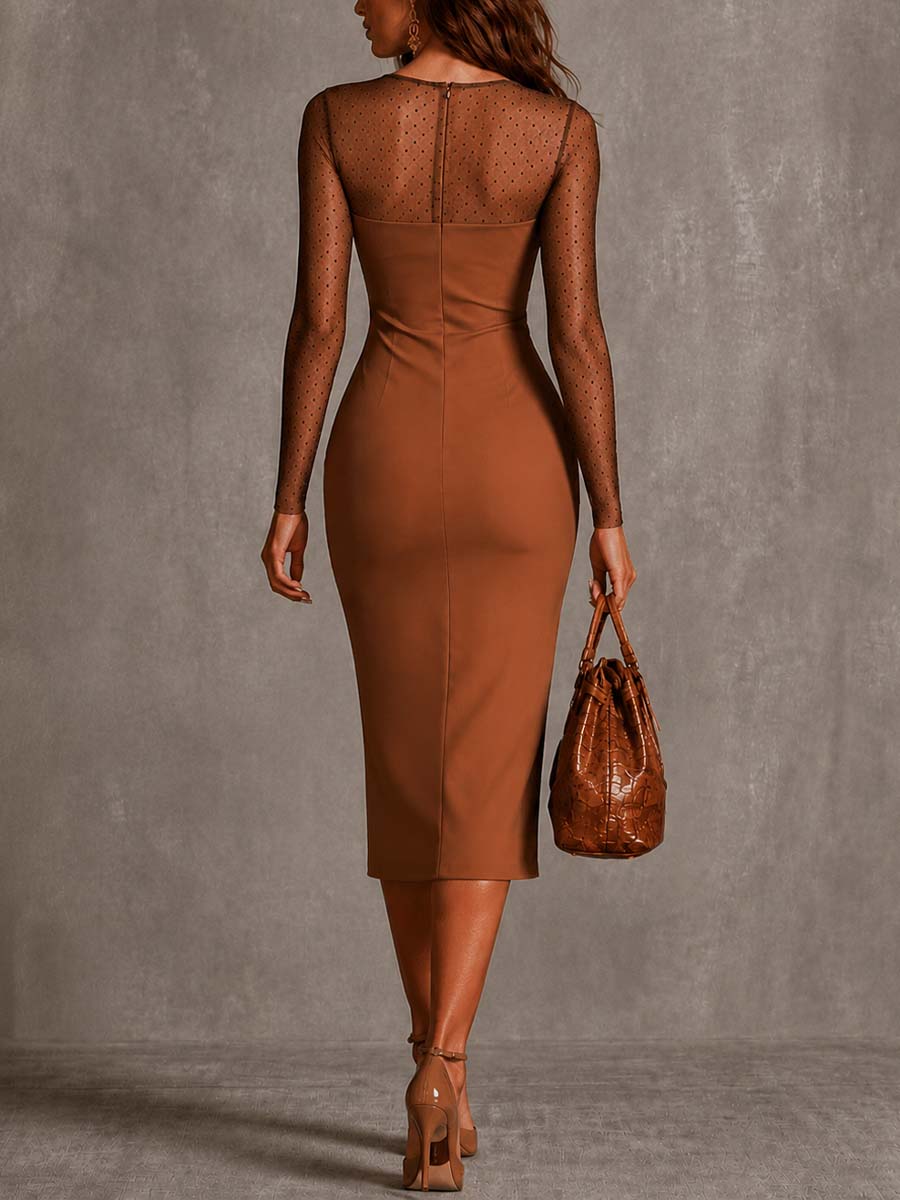 Brown Sheer Slim-Fit Midi Pencil Dress With Floral and Polka-Dot Print
