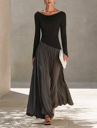 Peggy | Two-Tone Draped-Neck Long-Sleeve Maxi Dress for Women