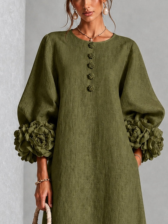 Theodosia | Rosette-Cuff Button Midi Dress – Wells & Rose