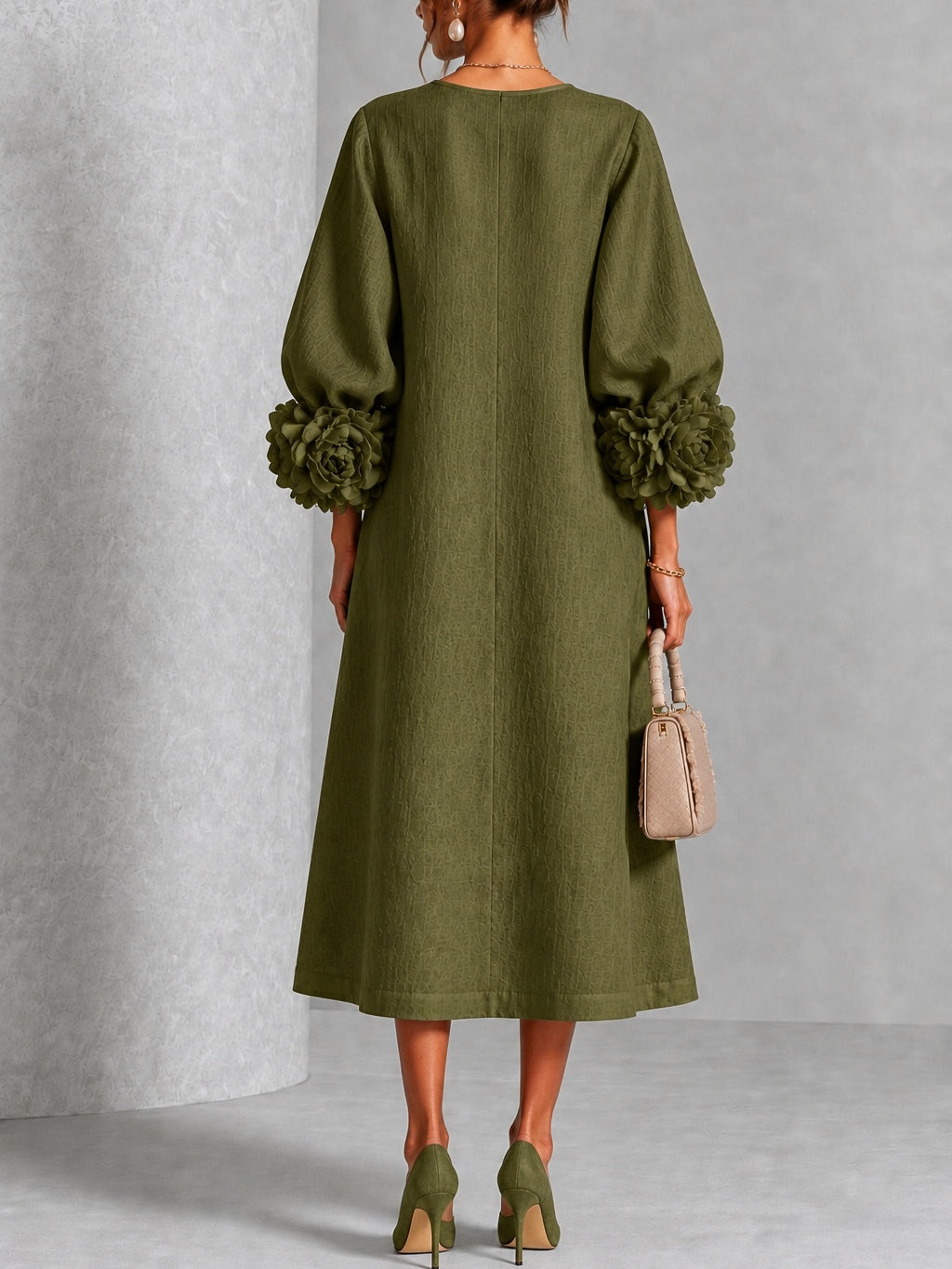 Theodosia | Rosette-Cuff Button Midi Dress – Wells & Rose