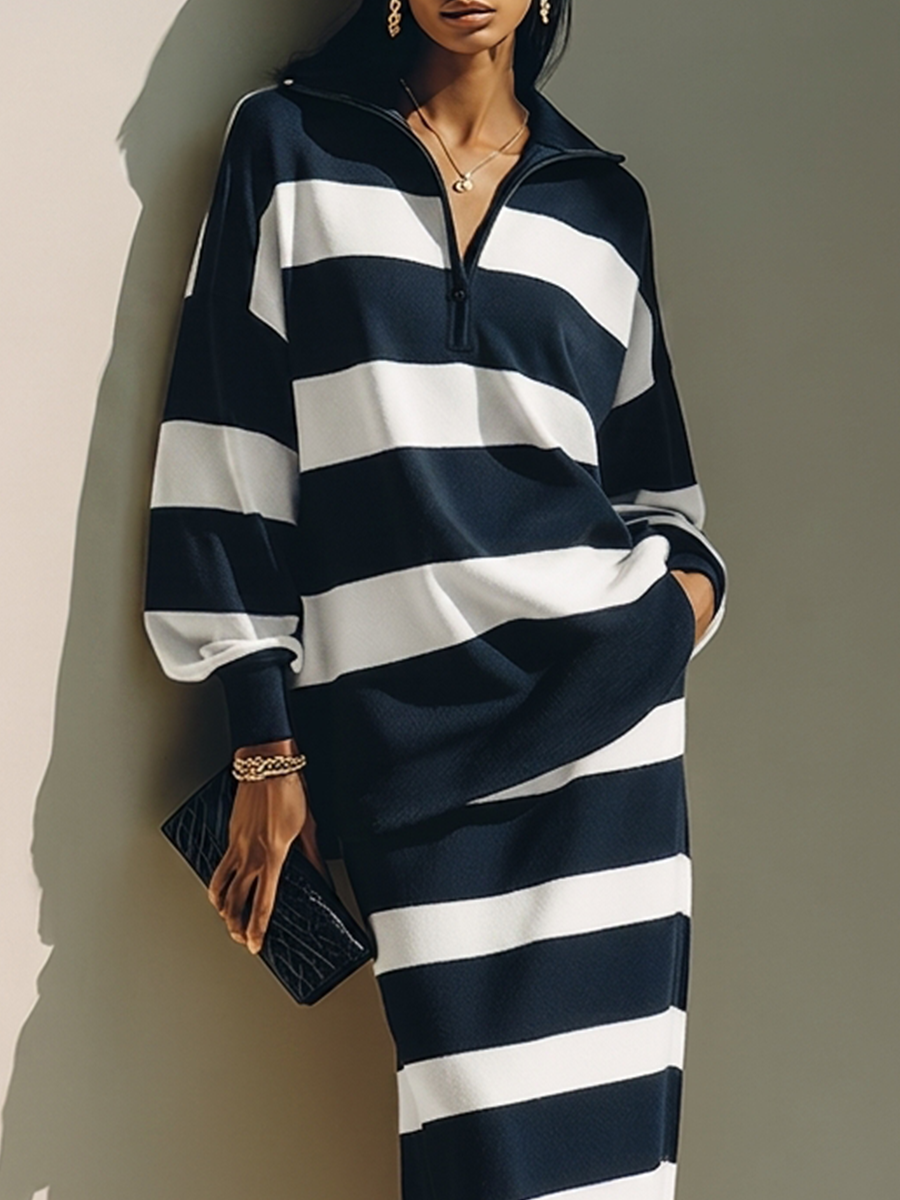 Navy Half-zip Color-block Striped Polo-collar Top And Midi Skirt Set