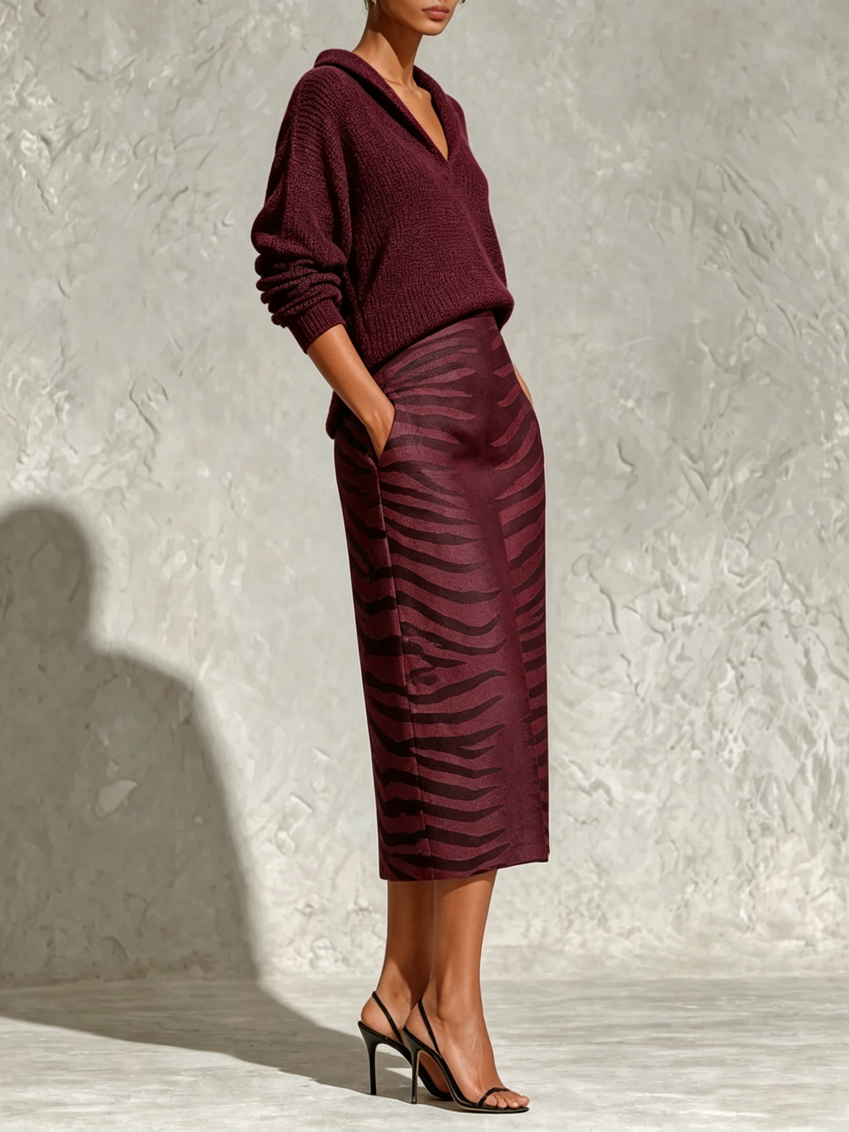 Black Collar Knit Top And Zebra Linen Midi Skirt Two‑Piece Set