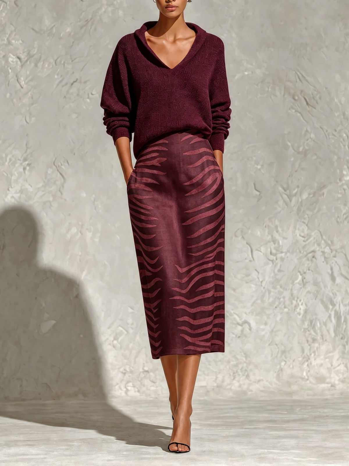 Black Collar Knit Top And Zebra Linen Midi Skirt Two‑Piece Set