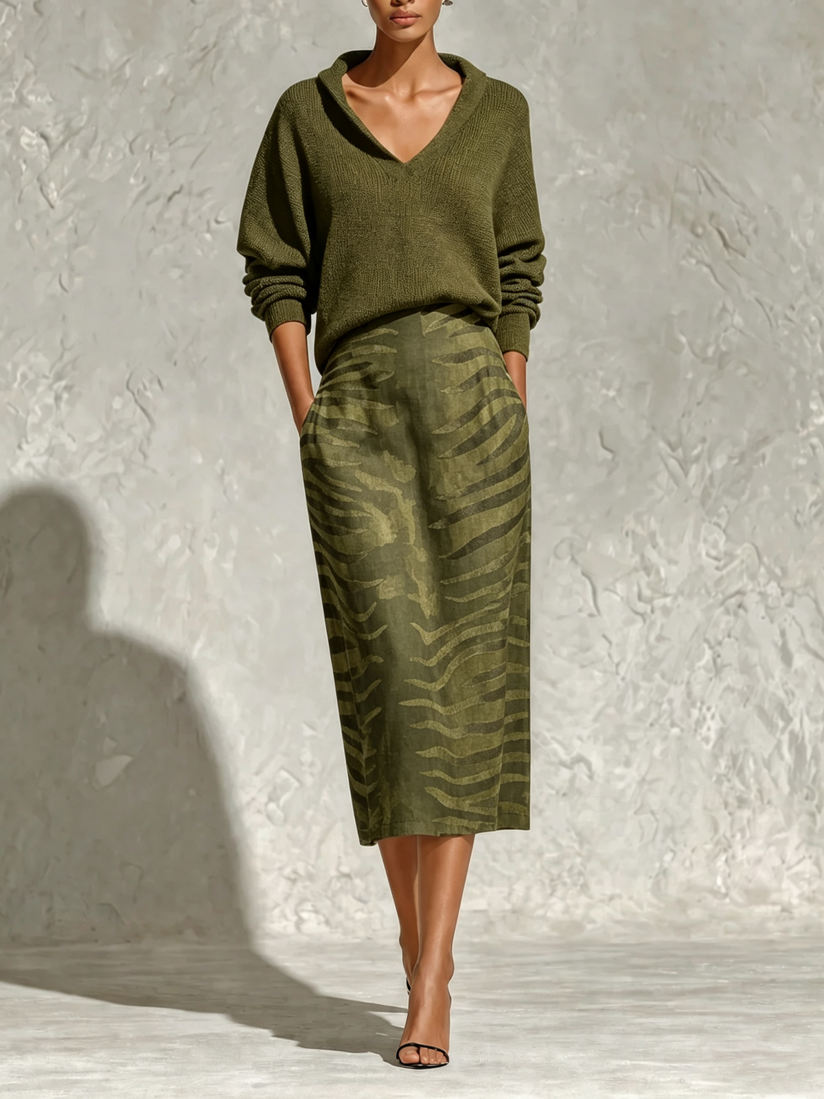 Olive Green Collar Knit Top And Zebra Linen Midi Skirt Two‑Piece Set