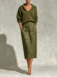 Olive Green Collar Knit Top And Zebra Linen Midi Skirt Two‑Piece Set