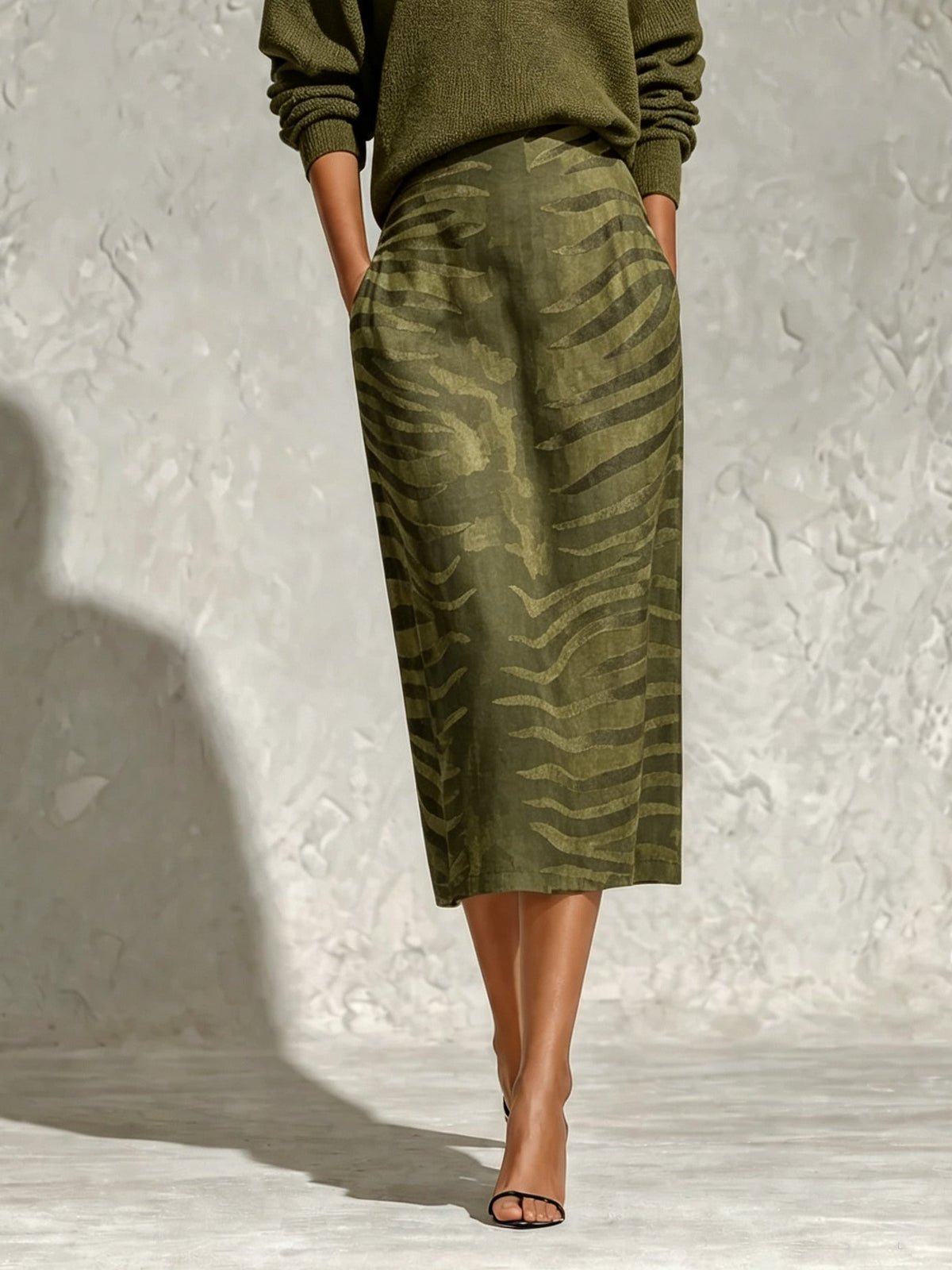 Olive Green Collar Knit Top And Zebra Linen Midi Skirt Two‑Piece Set