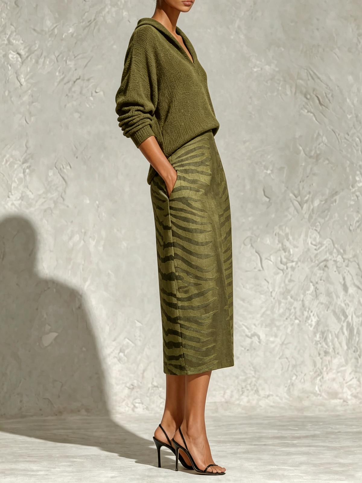 Olive Green Collar Knit Top And Zebra Linen Midi Skirt Two‑Piece Set