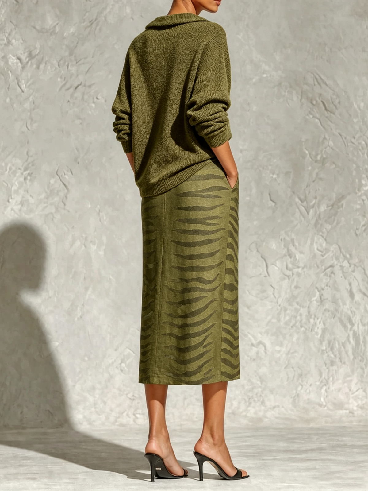 Olive Green Collar Knit Top And Zebra Linen Midi Skirt Two‑Piece Set