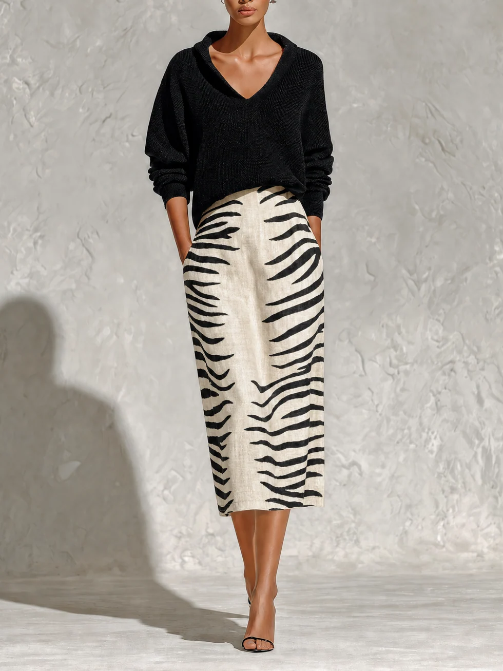 Black Collar Knit Top And Zebra Linen Midi Skirt Two-Piece Set