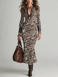 Brown Zebra-Print Cut-Out Keyhole Neck Maxi Dress