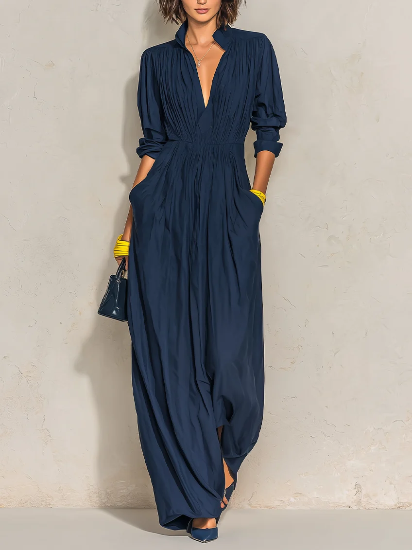 ALMA | Navy Pleated Maxi Dress