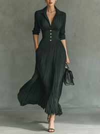ELVIRE | Pleated Maxi Dress with Lapels