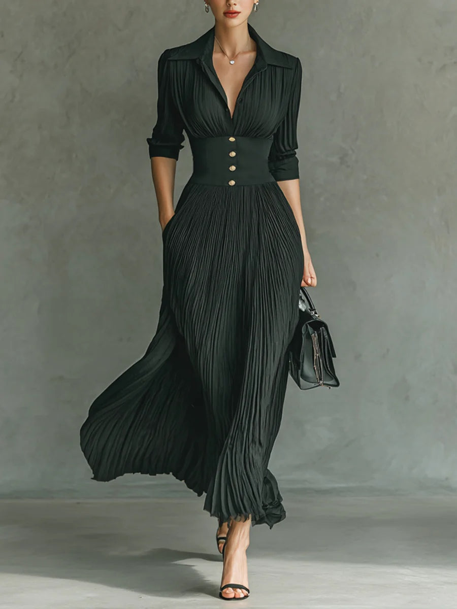 ELVIRE | Pleated Maxi Dress with Lapels