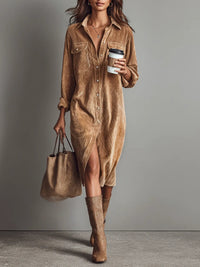 Béatrice | Midi Dress in Corduroy with Pockets and Single Button Closure