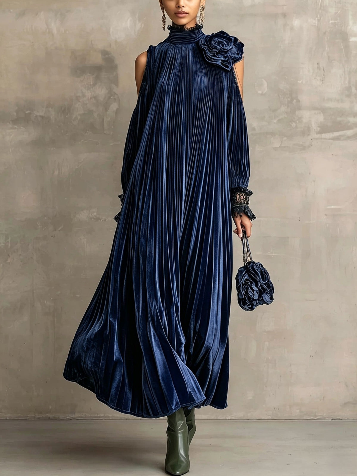 Olive Green Pleated Maxi Dress With Floral Shoulder Detail