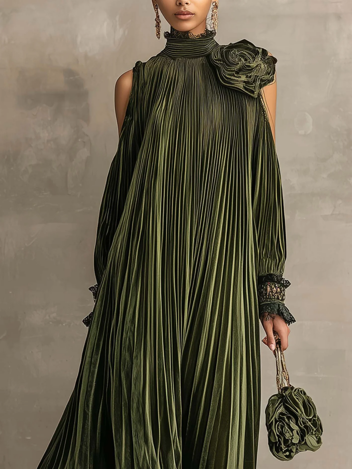 Olive Green Pleated Maxi Dress With Floral Shoulder Detail