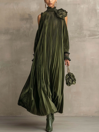 Olive Green Pleated Maxi Dress With Floral Shoulder Detail